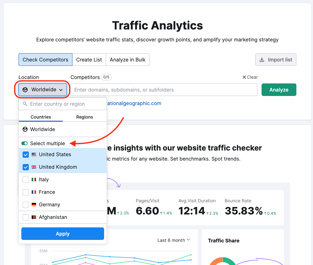 Traffic Analytics starting page with the Location drop down menu highlighted in a red rectangle. A red arrow points to the "select multiple" toggle with the United States and United Kingdom checkboxes ticked. 