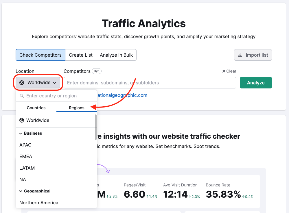 Traffic Analytics starting page with the Location drop down menu highlighted in a red rectangle. A red arrow points to the "regions" section showing business and geographical regions. 